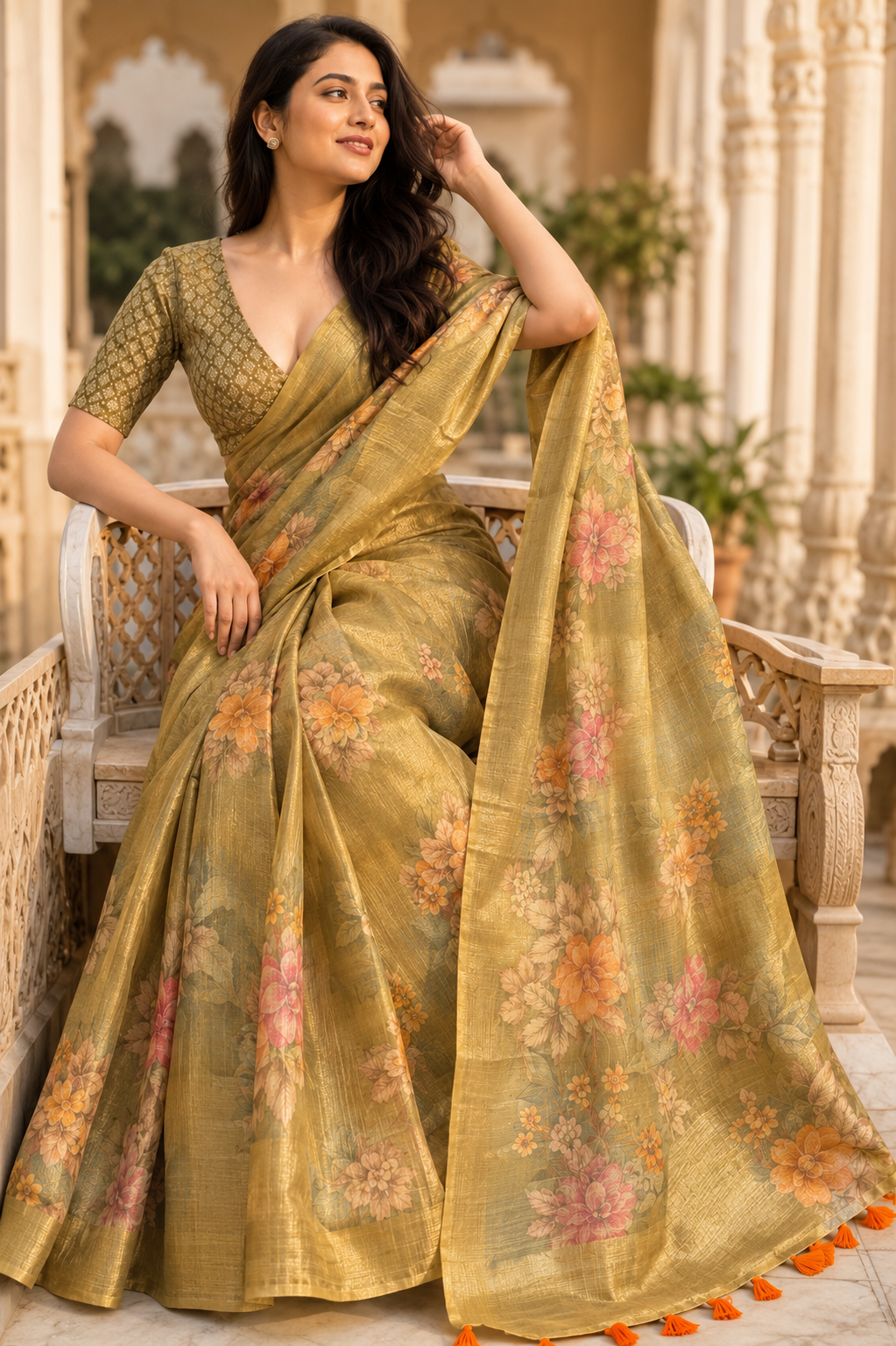 Olive Green Silk Blend Linen Saree for Women with Elegant Traditional Design & Designer Pallu