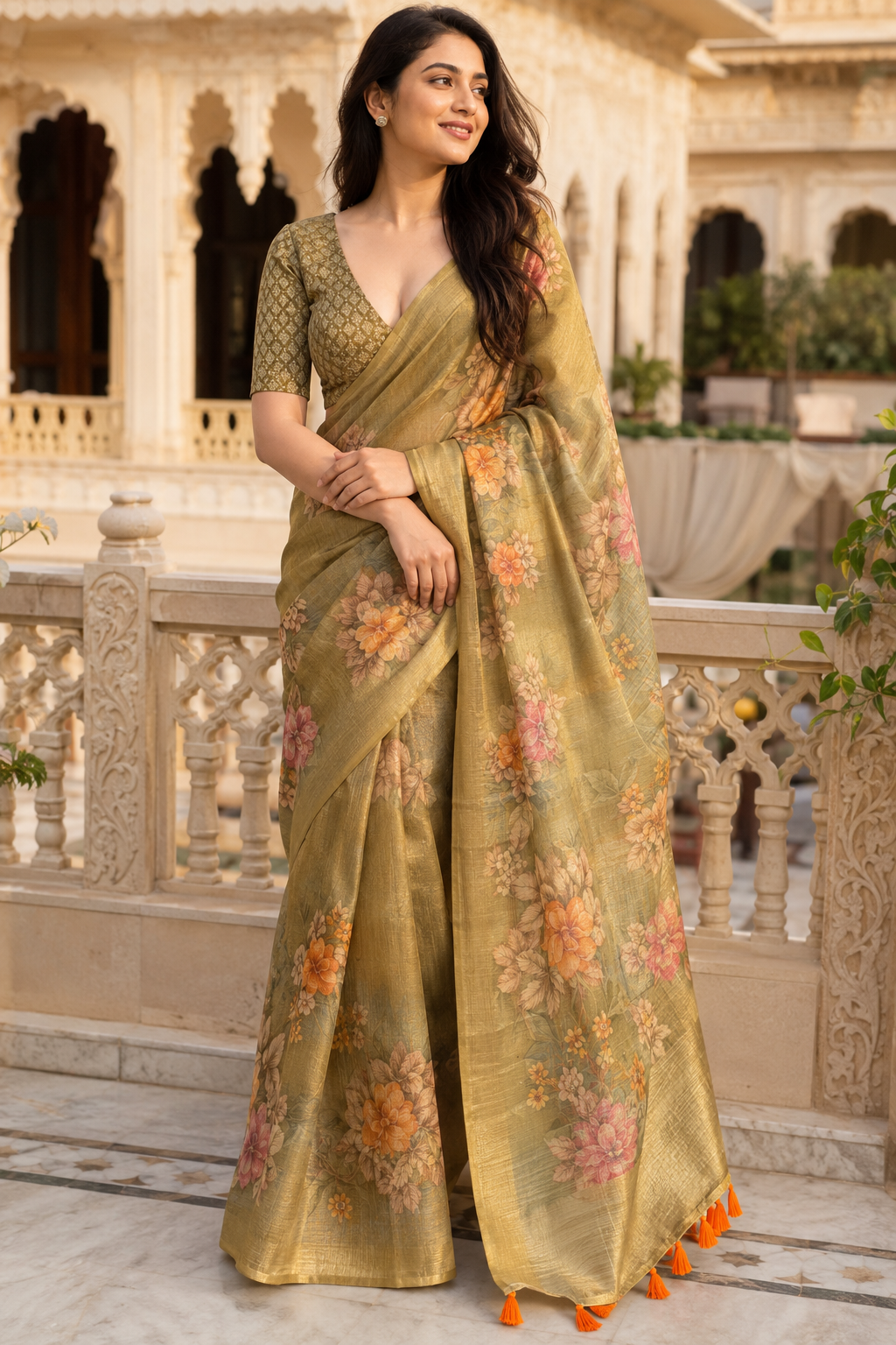 Olive Green Silk Blend Linen Saree for Women with Elegant Traditional Design & Designer Pallu