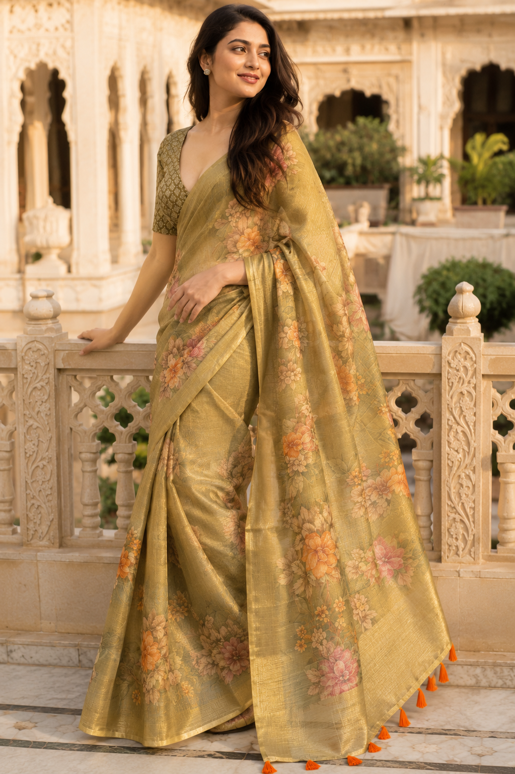 Olive Green Silk Blend Linen Saree for Women with Elegant Traditional Design & Designer Pallu