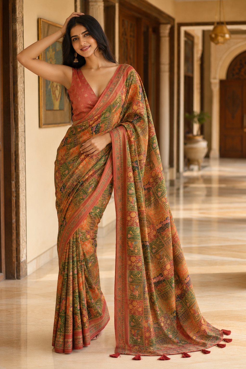 Multicolor Silk Blend Linen Saree for Women with Elegant Traditional Design & Designer Pallu