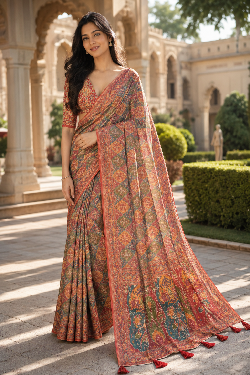Aadatein Multicolor Linen Digital Printed Saree with Paisley Heritage Pallu & Tassels
