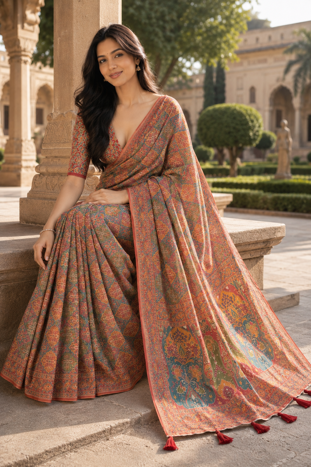 Aadatein Multicolor Linen Digital Printed Saree with Paisley Heritage Pallu & Tassels