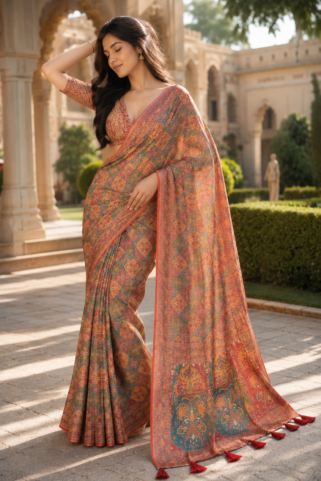Aadatein Multicolor Linen Digital Printed Saree with Paisley Heritage Pallu & Tassels