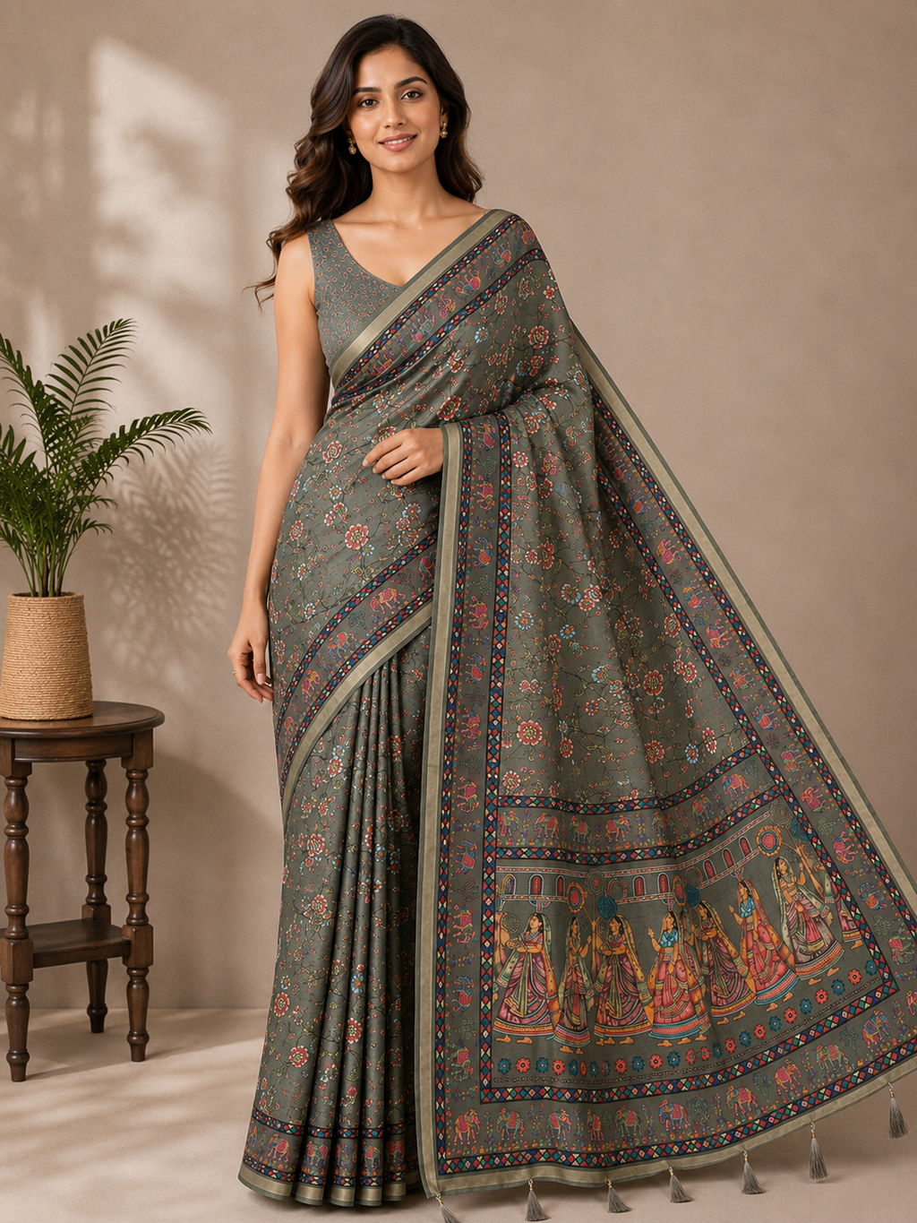 Grey Green Printed Linen Blend Saree for Women | Traditional Ethnic Saree