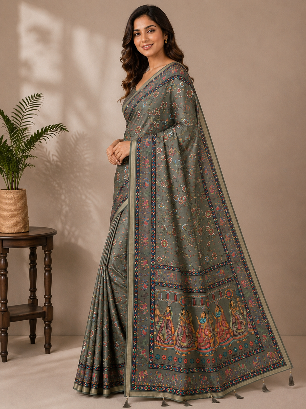 Grey Green Printed Linen Blend Saree for Women | Traditional Ethnic Saree