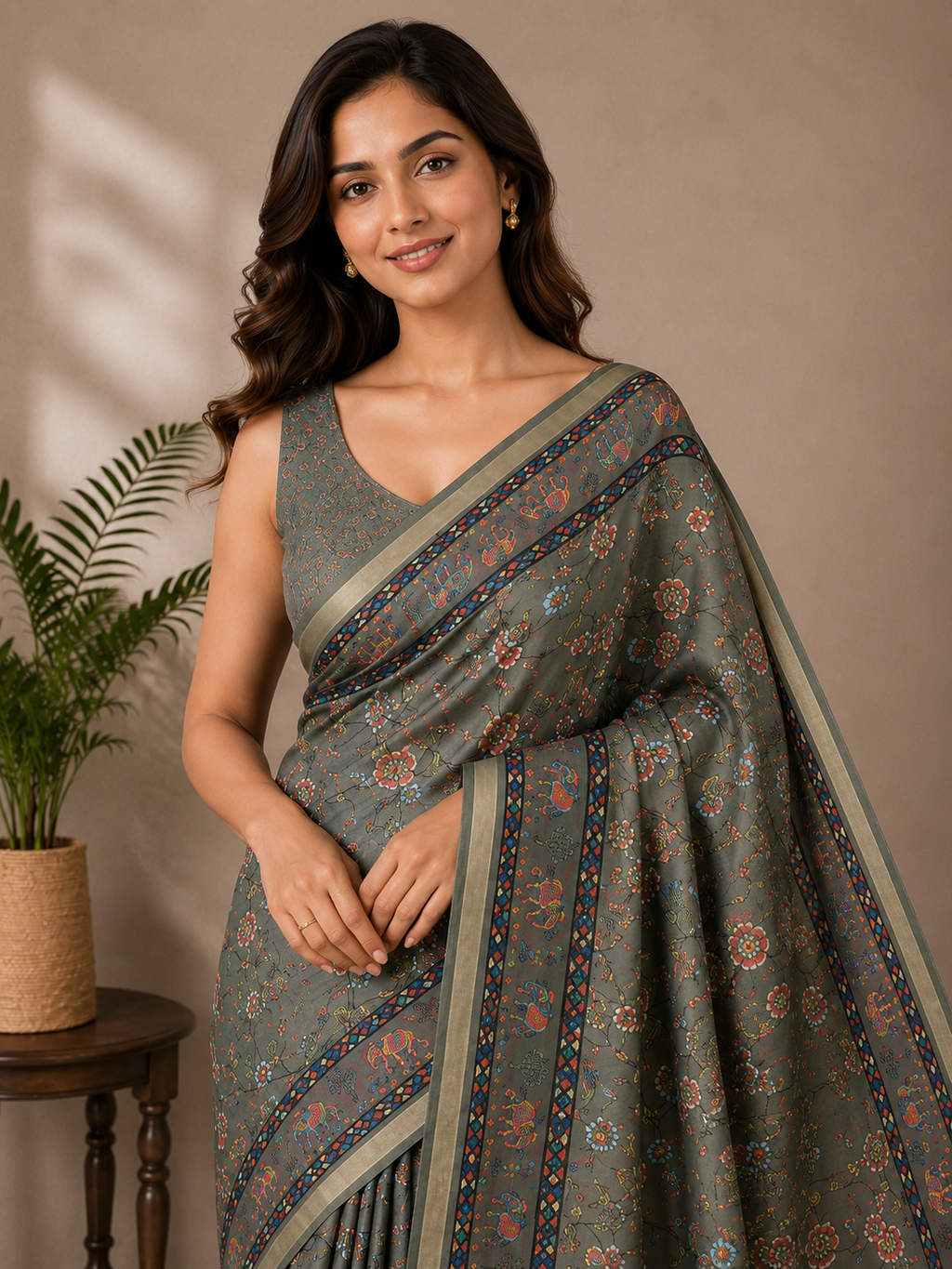 Grey Green Printed Linen Blend Saree for Women | Traditional Ethnic Saree