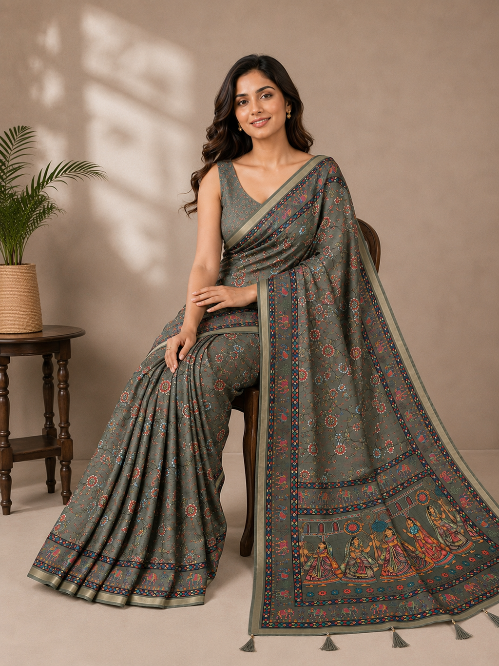 Grey Green Printed Linen Blend Saree for Women | Traditional Ethnic Saree