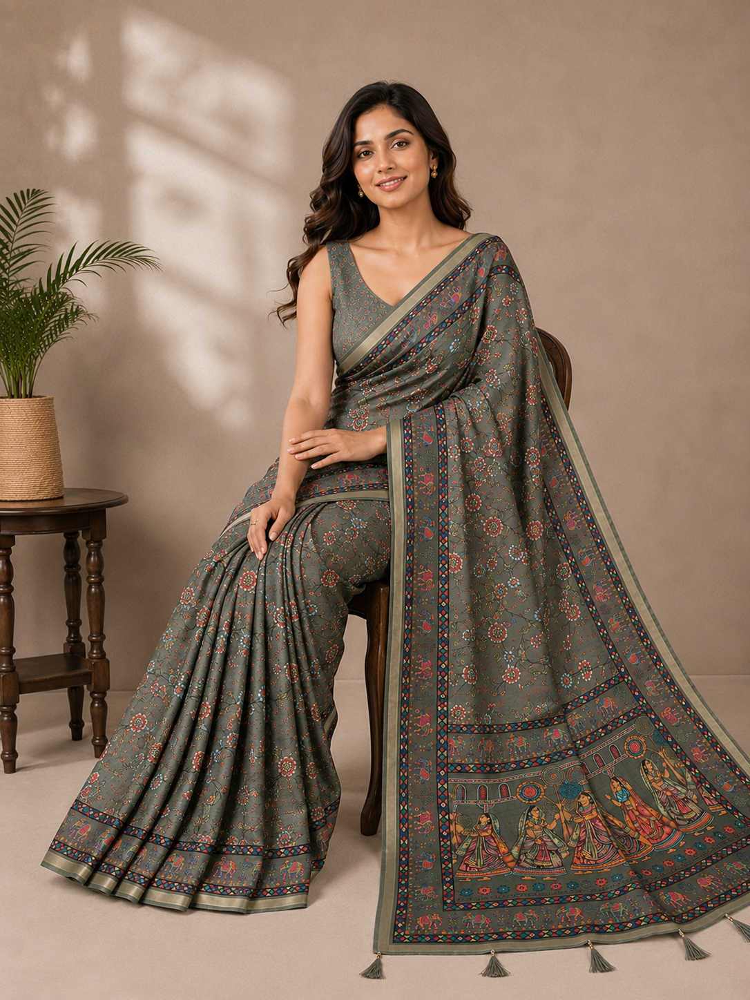 Grey Green Printed Linen Blend Saree for Women | Traditional Ethnic Saree