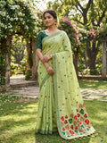 Elegant Pistachio Green Cotton Saree with Multicolor Leaf Woven Pallu
