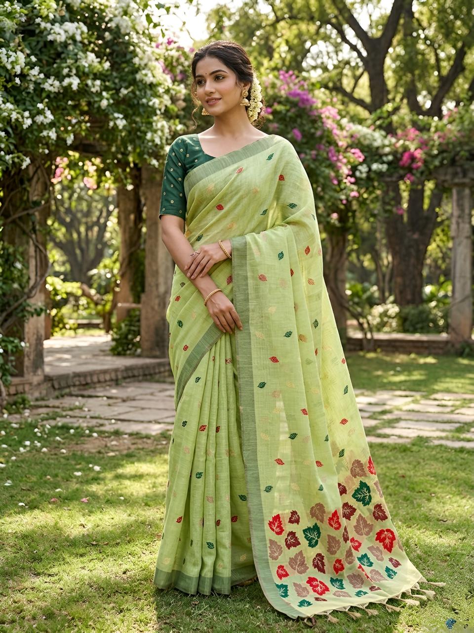 Elegant Pistachio Green Cotton Saree with Multicolor Leaf Woven Pallu