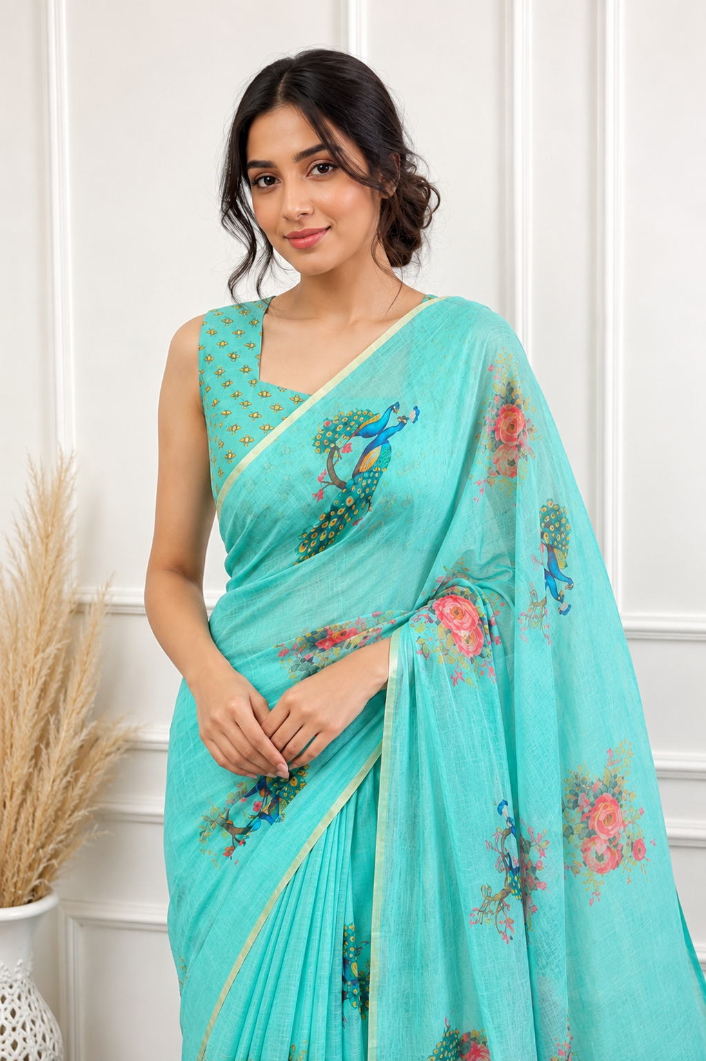 Green Floral Printed Linen Saree for Women | Lightweight Casual & Party Wear Saree