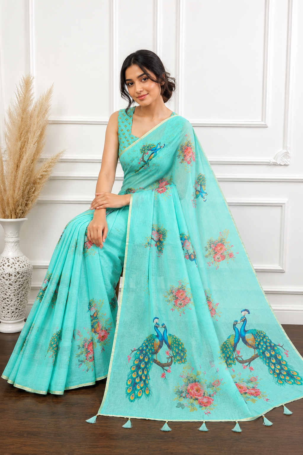 Green Floral Printed Linen Saree for Women | Lightweight Casual & Party Wear Saree