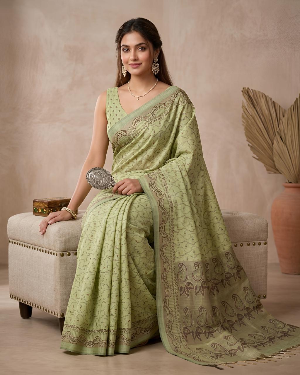 Pistachio Green Traditional Woven Saree with Paisley Designer Pallu