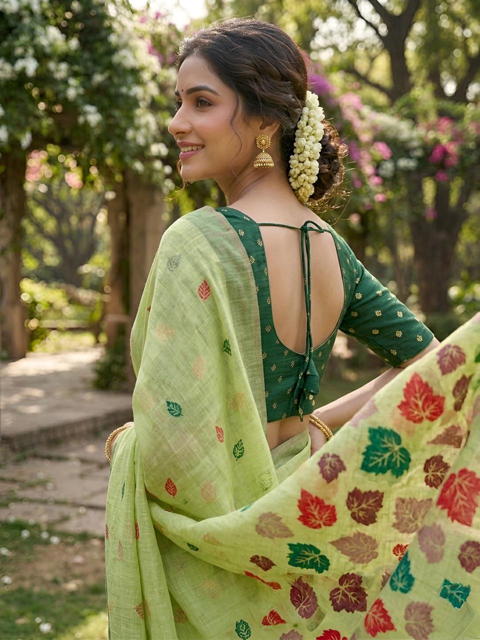Elegant Pistachio Green Cotton Saree with Multicolor Leaf Woven Pallu