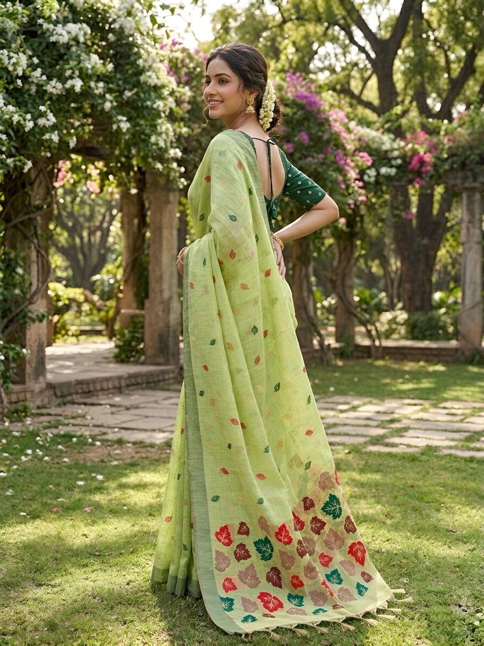 Elegant Pistachio Green Cotton Saree with Multicolor Leaf Woven Pallu