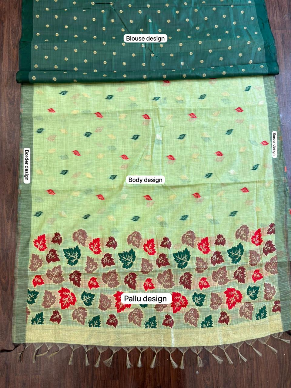 Elegant Pistachio Green Cotton Saree with Multicolor Leaf Woven Pallu