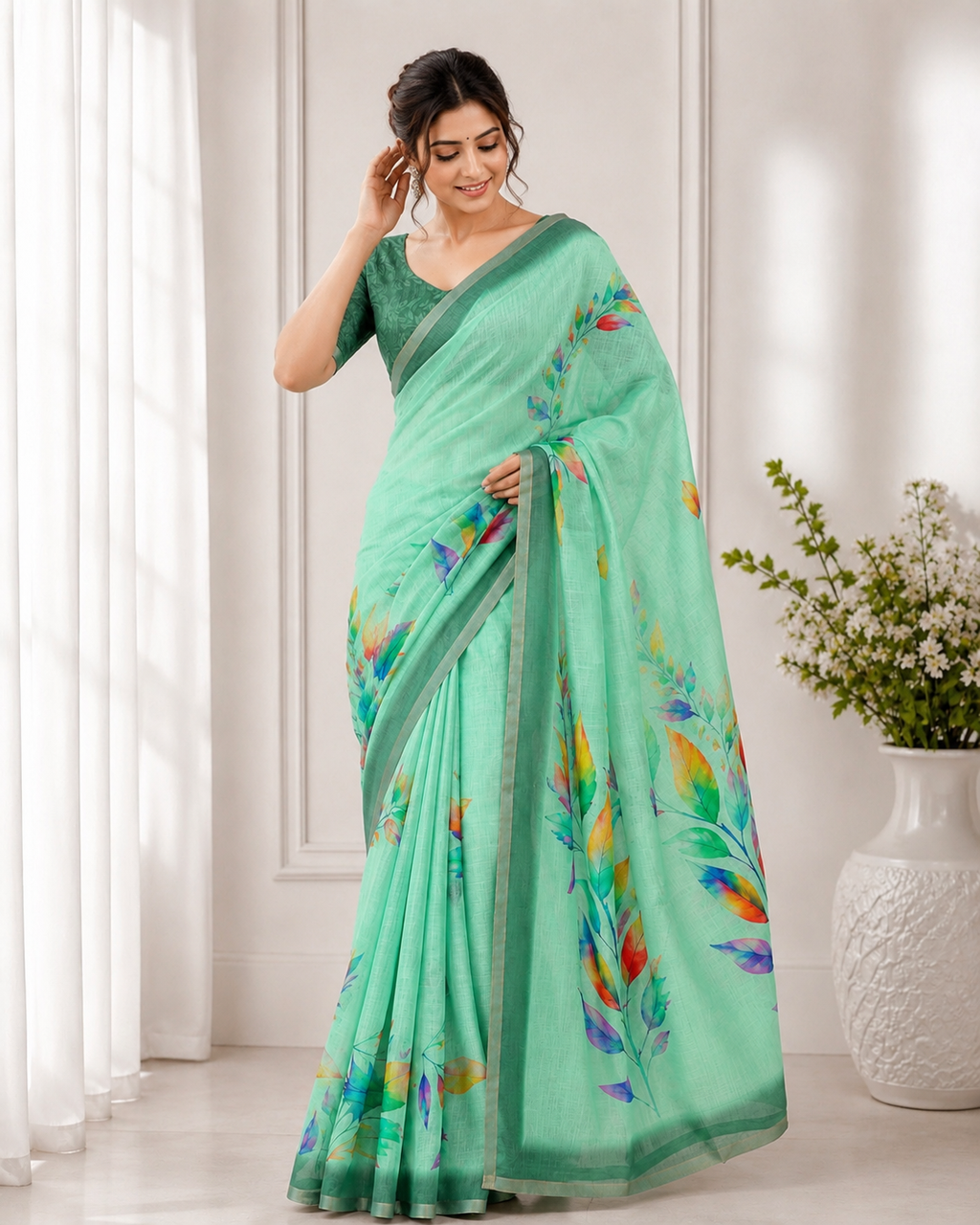 Sea Green Linen Printed Saree with Floral Design | Lightweight Casual & Party Wear Saree