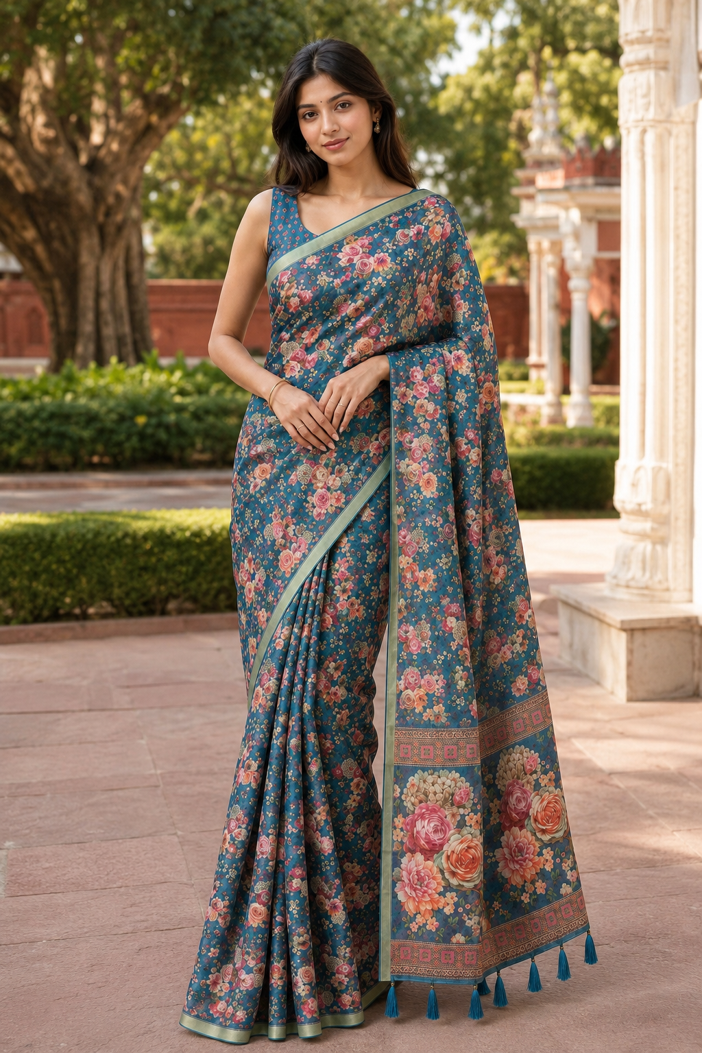 Green Linen Printed Saree with Floral Design | Lightweight Casual & Party Wear Saree (Copy)