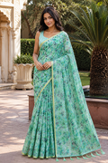 Green Linen Printed Saree with Floral Design | Lightweight Casual & Party Wear Saree