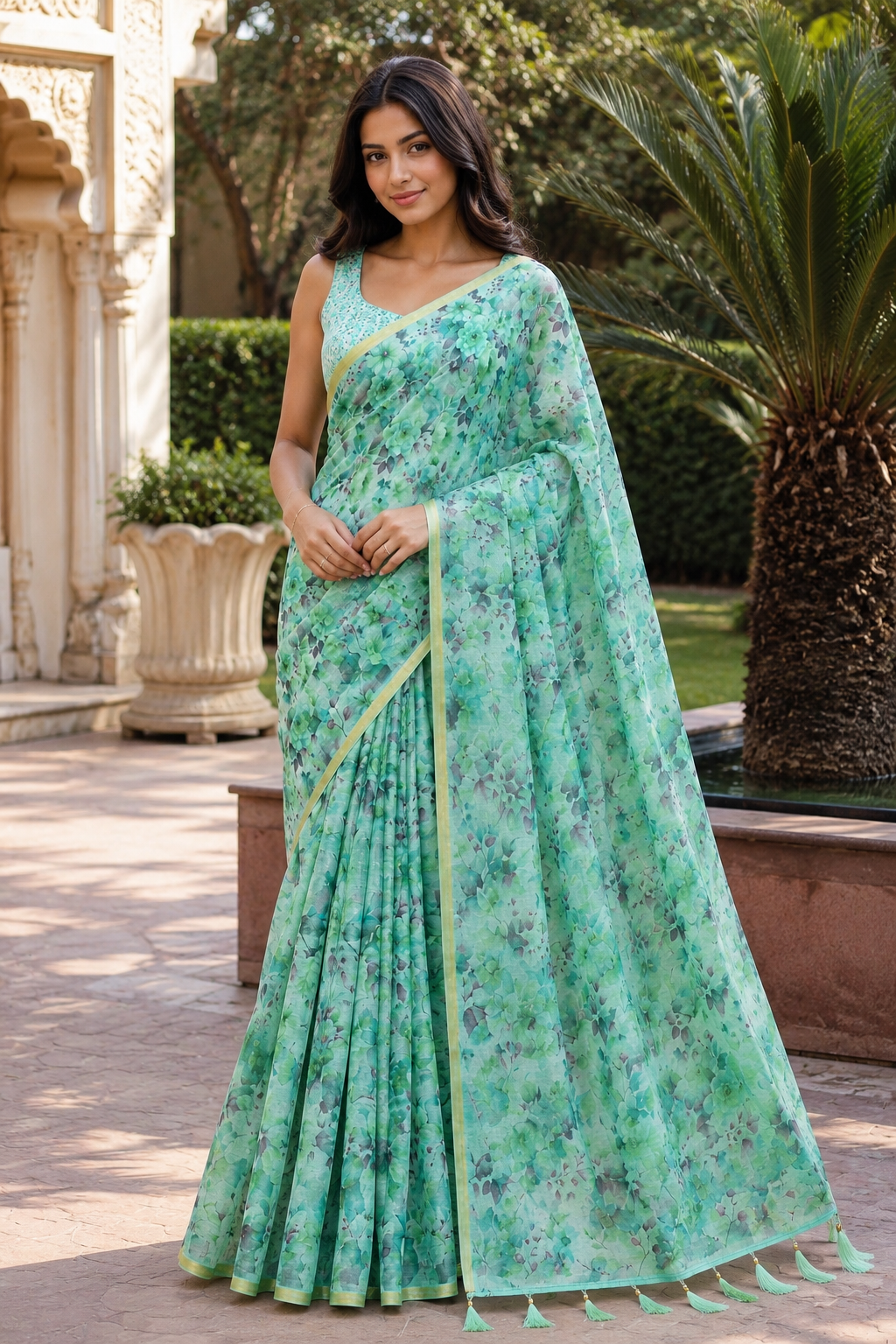 Green Linen Printed Saree with Floral Design | Lightweight Casual & Party Wear Saree
