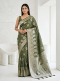 Olive Green Silver Zari Woven Traditional Saree with Designer Heritage Pallu