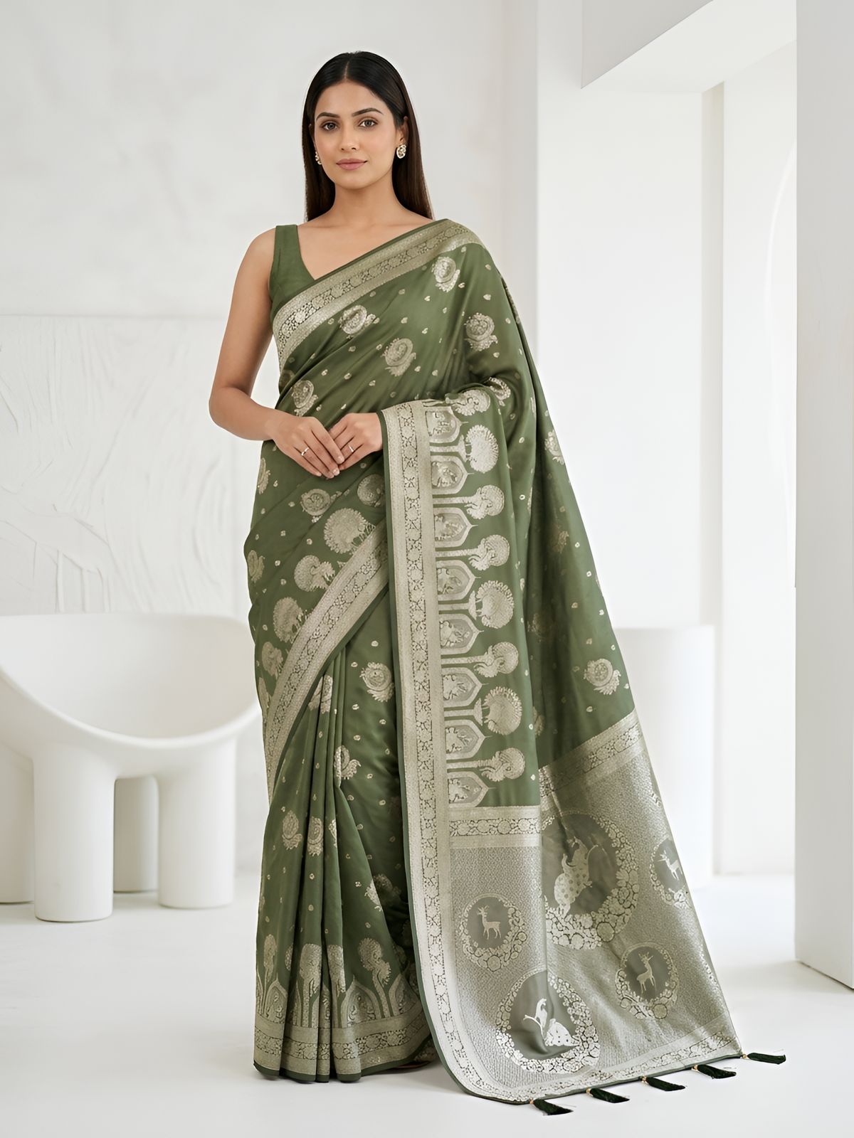 Olive Green Silver Zari Woven Traditional Saree with Designer Heritage Pallu