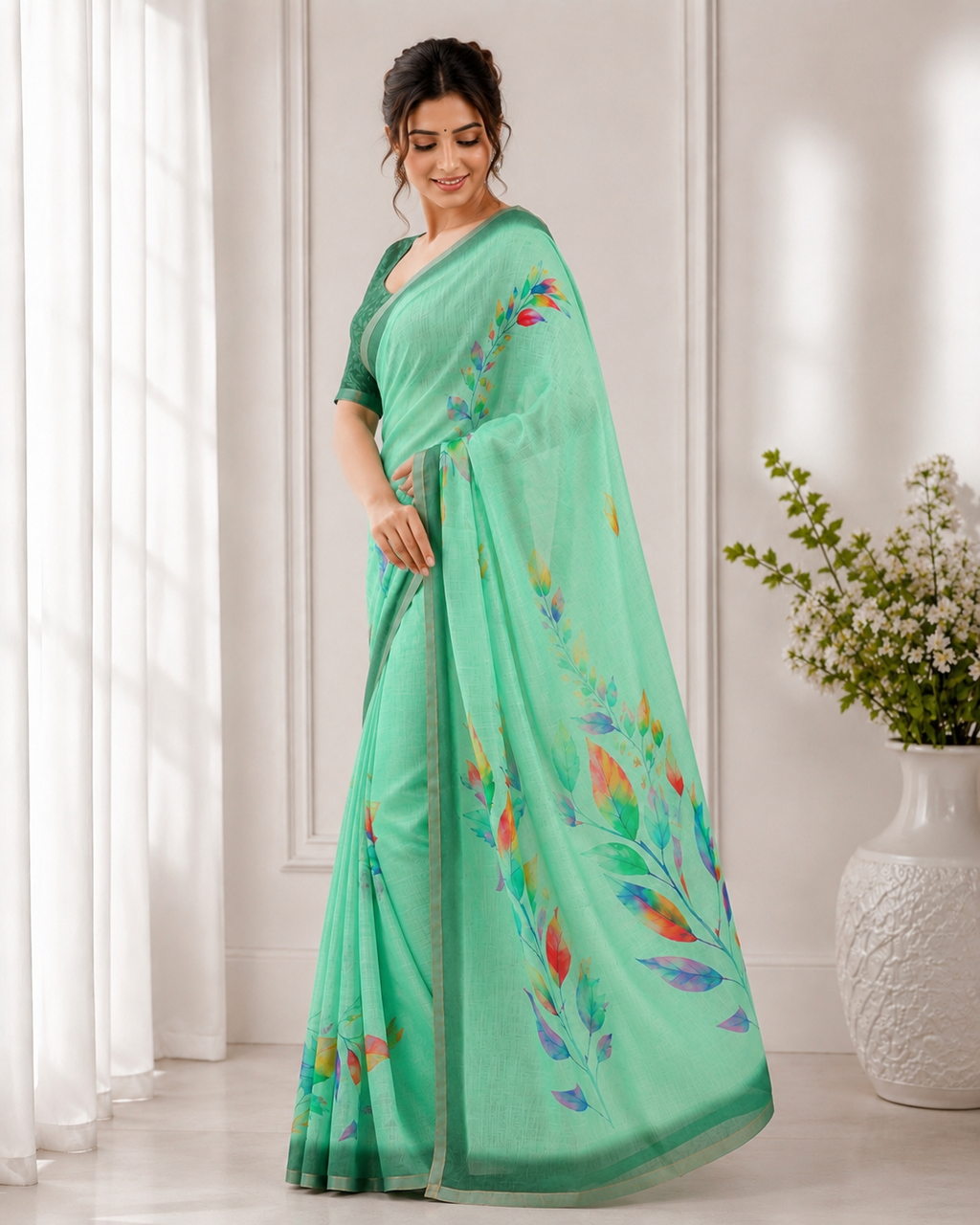 Sea Green Linen Printed Saree with Floral Design | Lightweight Casual & Party Wear Saree