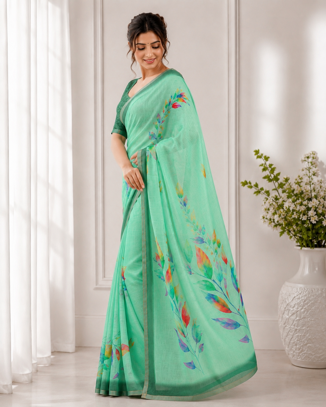 Sea Green Linen Printed Saree with Floral Design | Lightweight Casual & Party Wear Saree