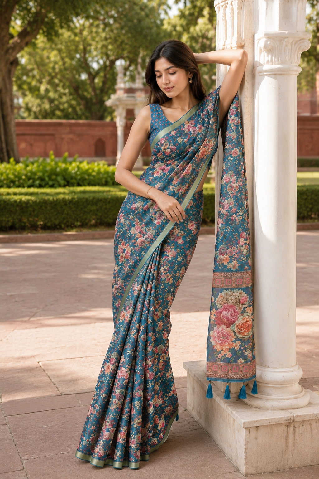Green Linen Printed Saree with Floral Design | Lightweight Casual & Party Wear Saree (Copy)