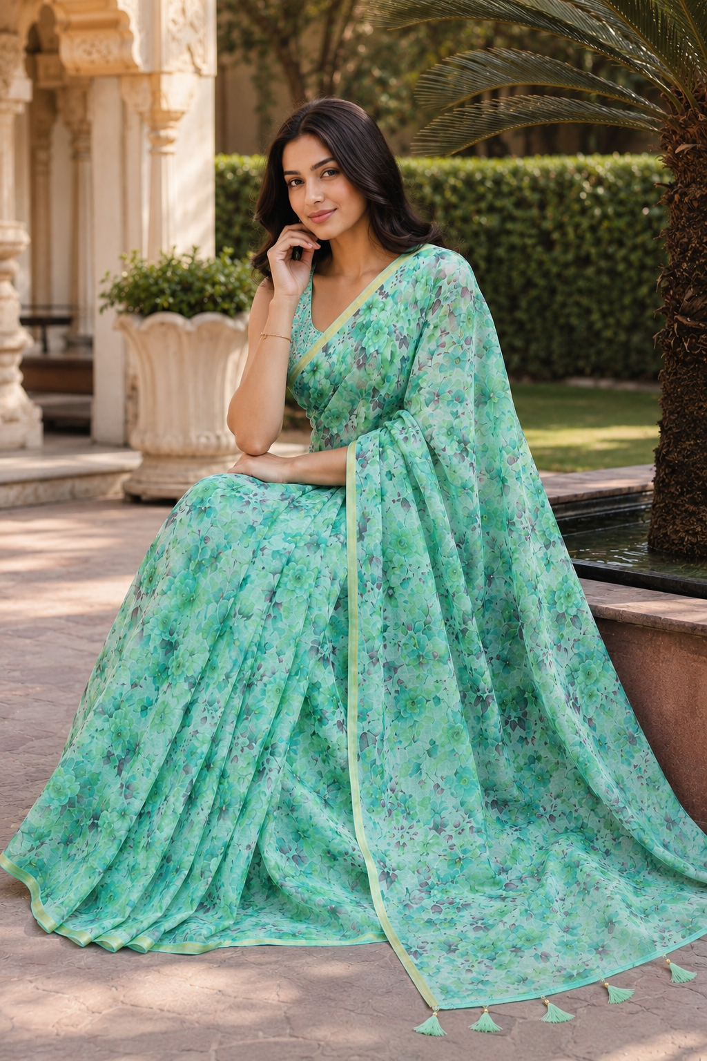 Green Linen Printed Saree with Floral Design | Lightweight Casual & Party Wear Saree