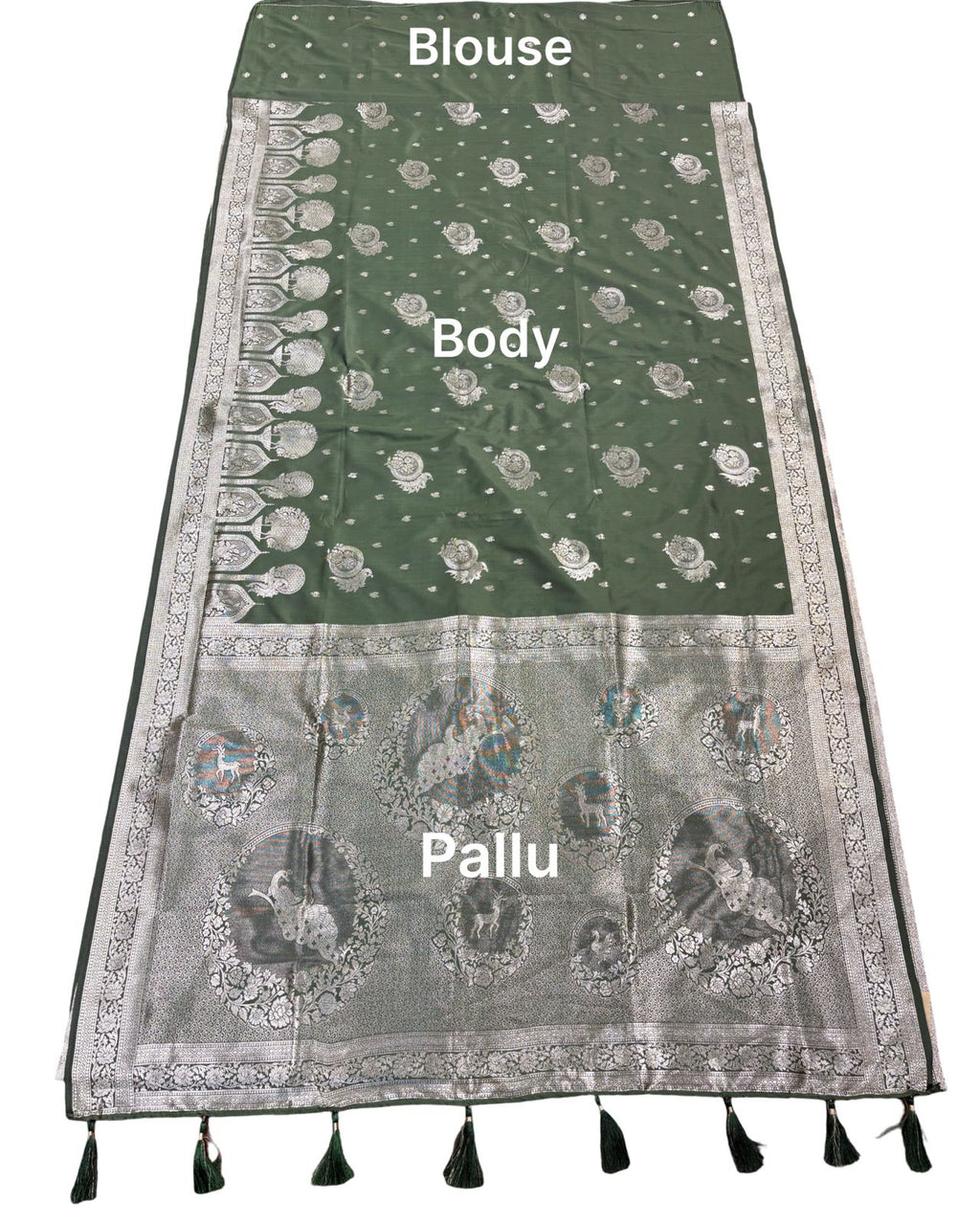 Olive Green Silver Zari Woven Traditional Saree with Designer Heritage Pallu
