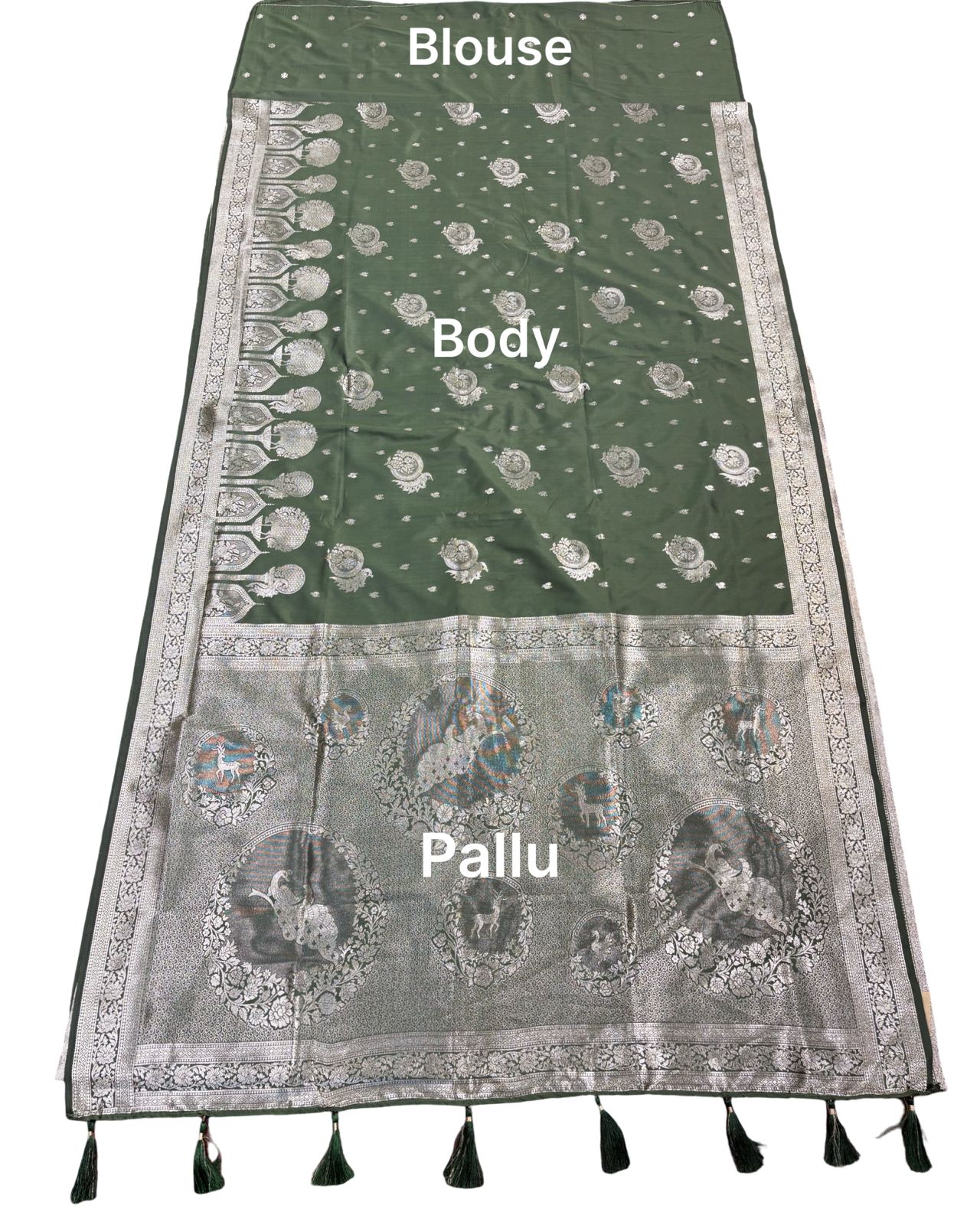 Olive Green Silver Zari Woven Traditional Saree with Designer Heritage Pallu