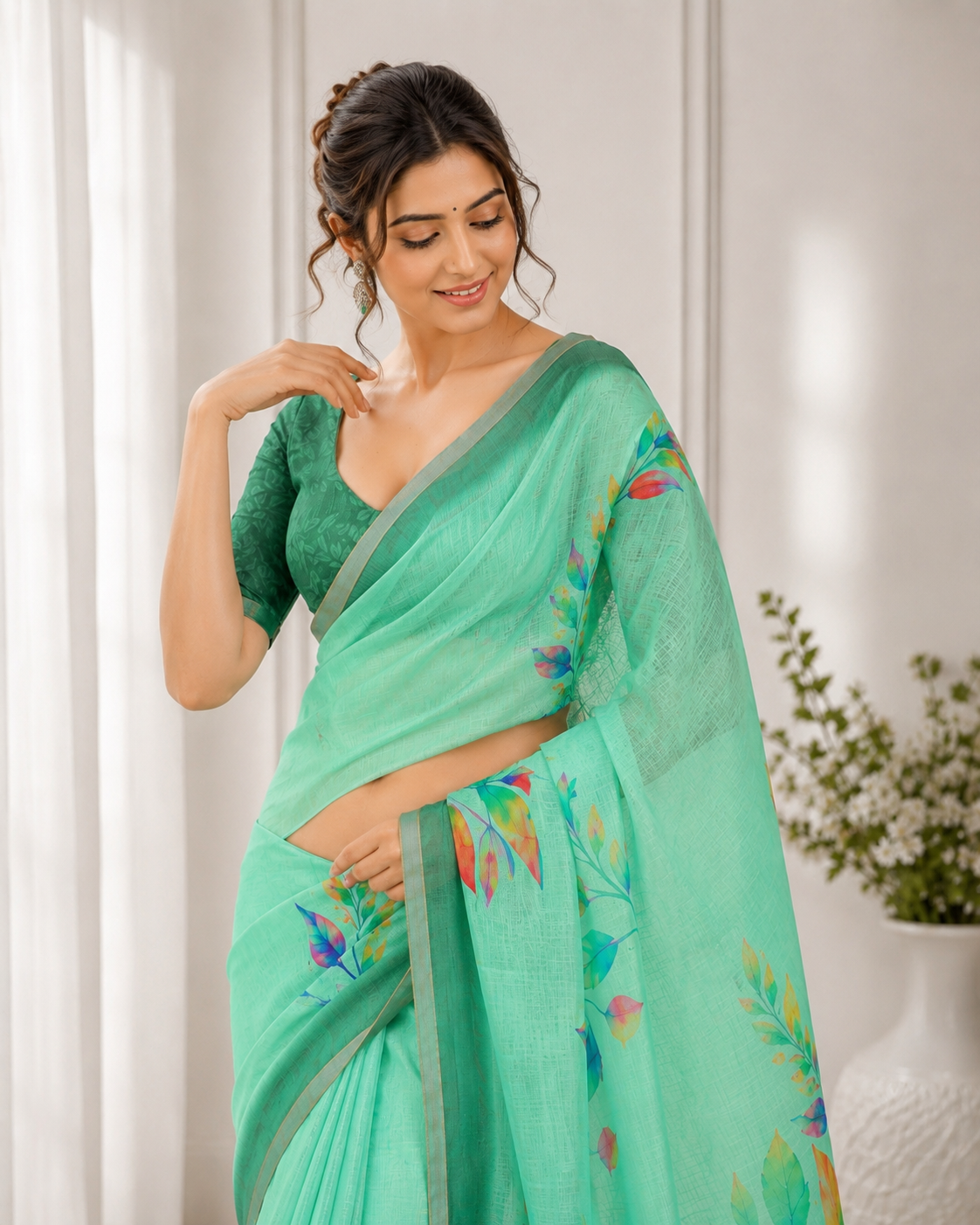 Sea Green Linen Printed Saree with Floral Design | Lightweight Casual & Party Wear Saree