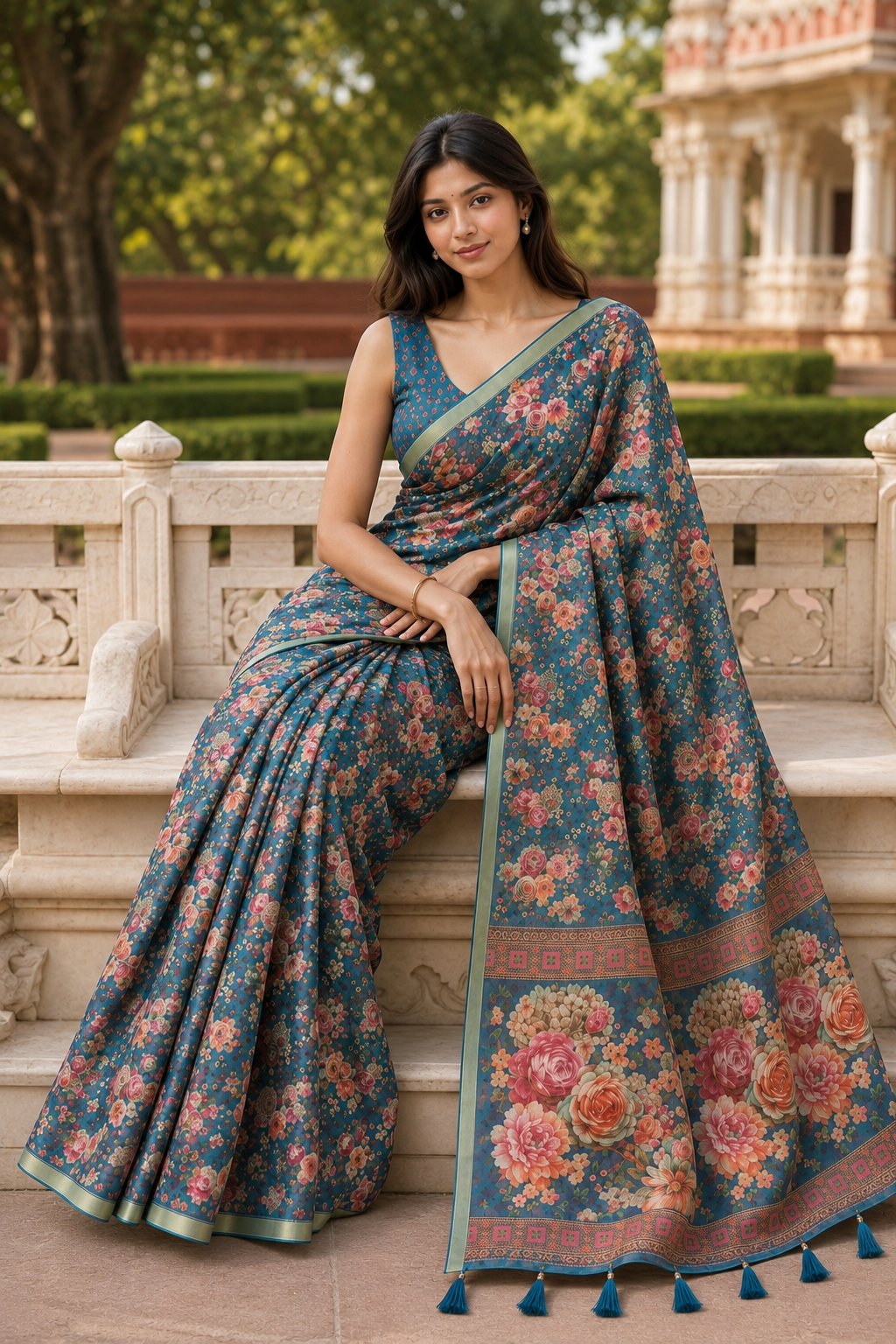Green Linen Printed Saree with Floral Design | Lightweight Casual & Party Wear Saree (Copy)