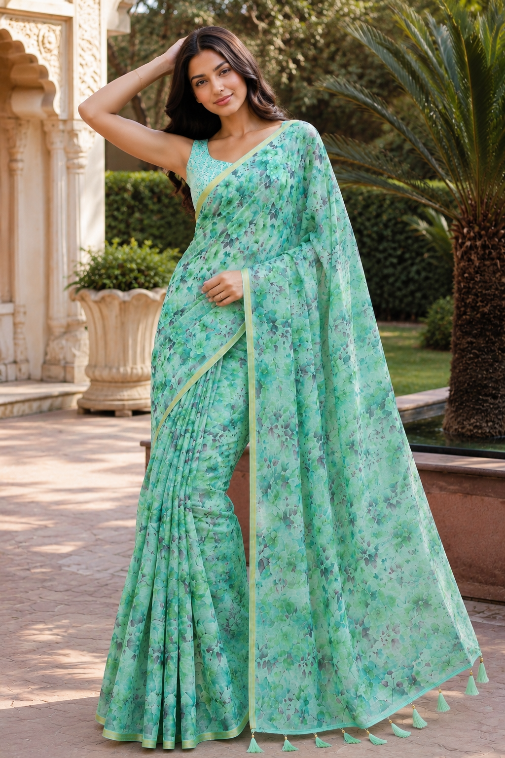 Green Linen Printed Saree with Floral Design | Lightweight Casual & Party Wear Saree