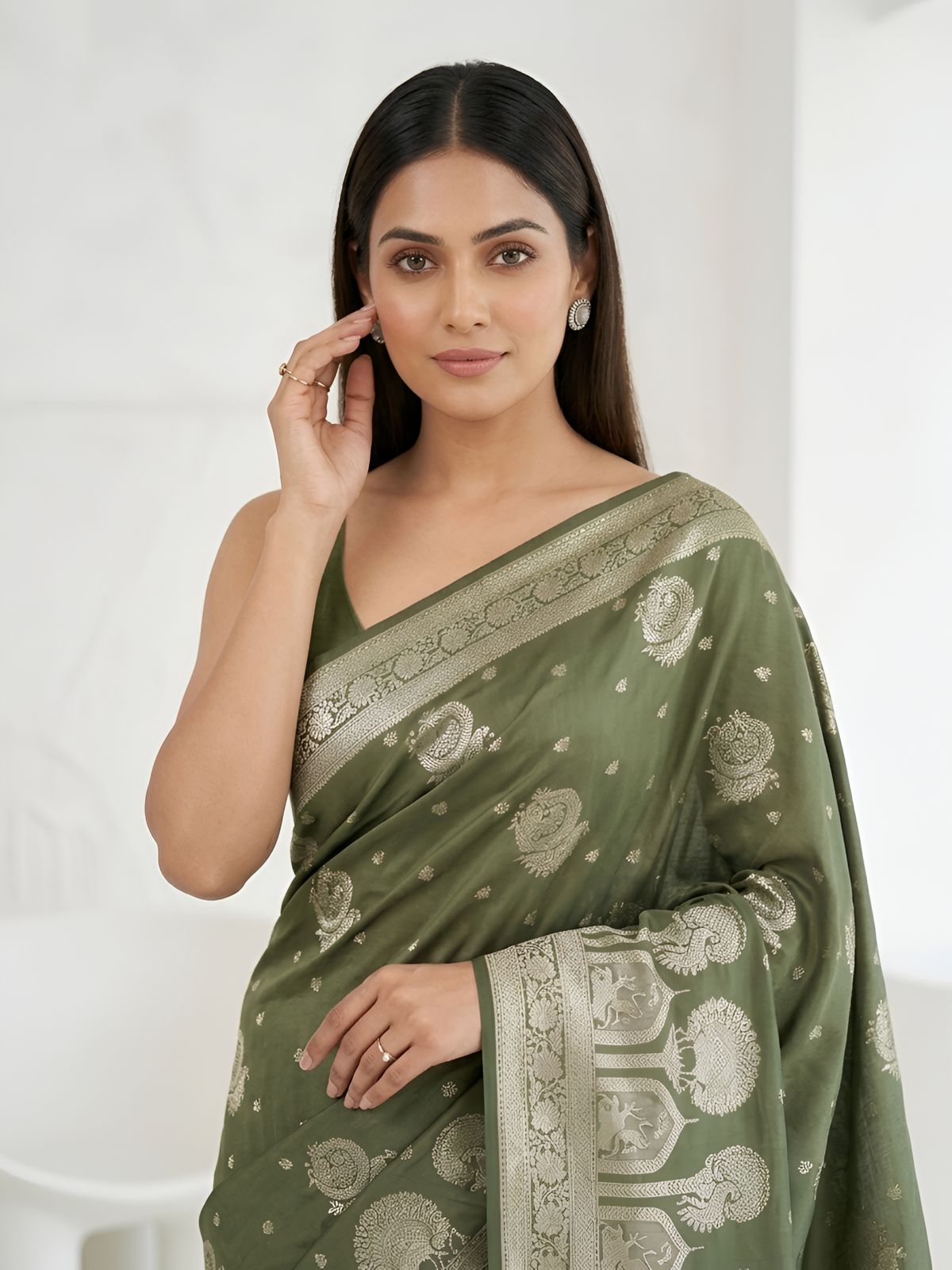 Olive Green Silver Zari Woven Traditional Saree with Designer Heritage Pallu