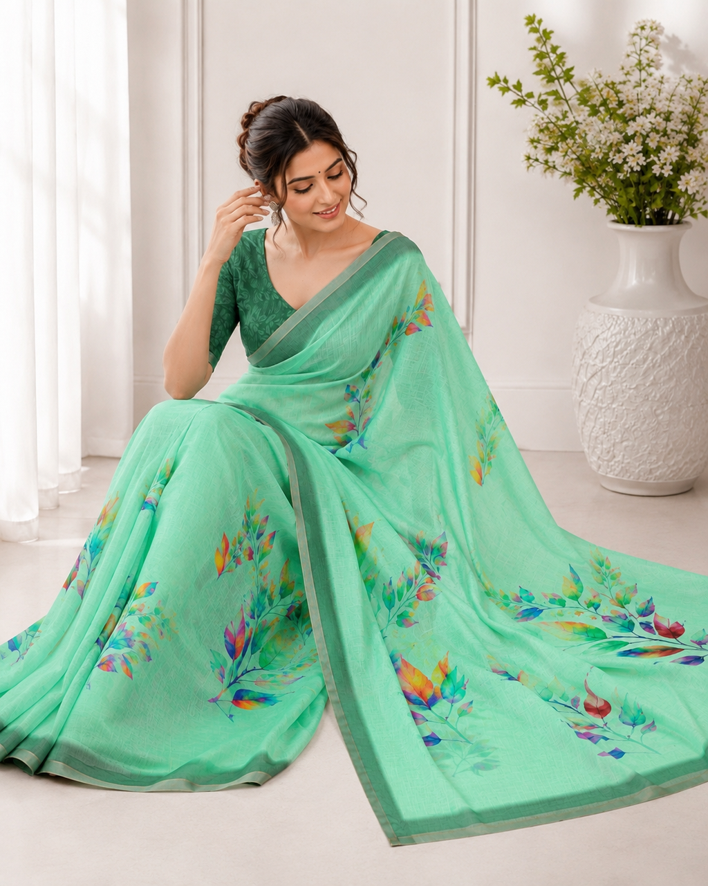 Sea Green Linen Printed Saree with Floral Design | Lightweight Casual & Party Wear Saree