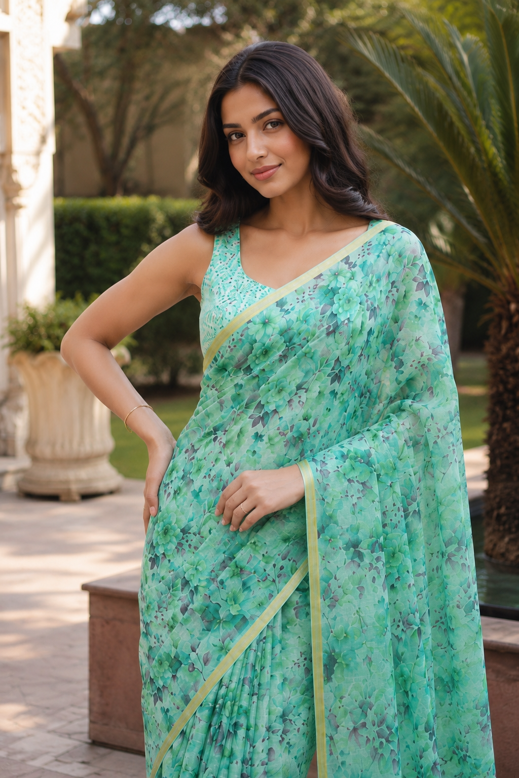 Green Linen Printed Saree with Floral Design | Lightweight Casual & Party Wear Saree