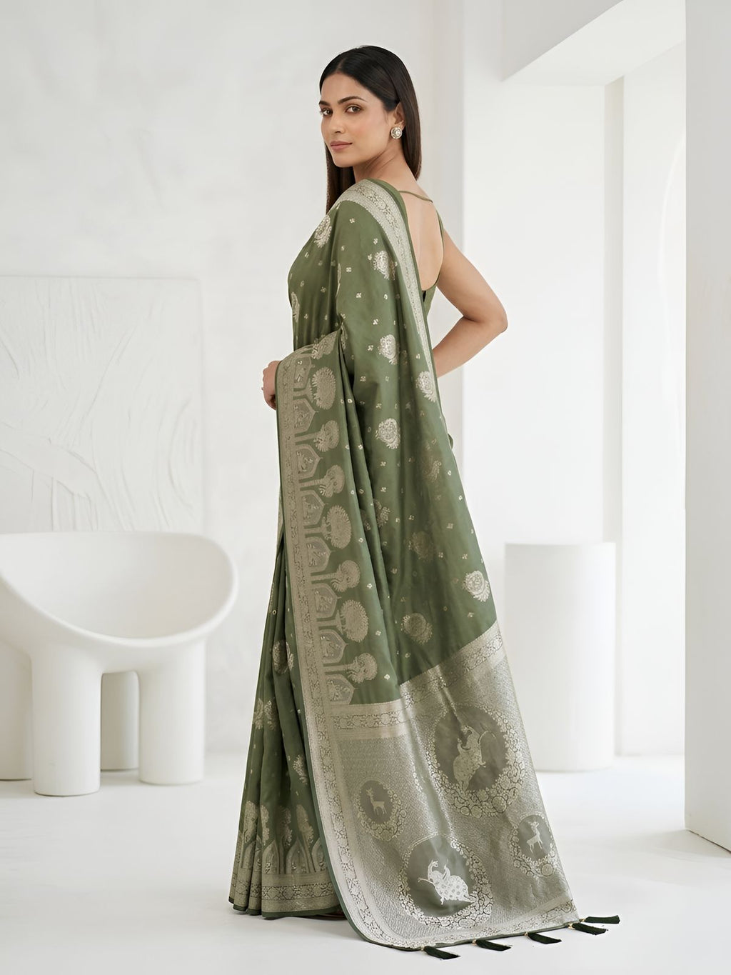 Olive Green Silver Zari Woven Traditional Saree with Designer Heritage Pallu