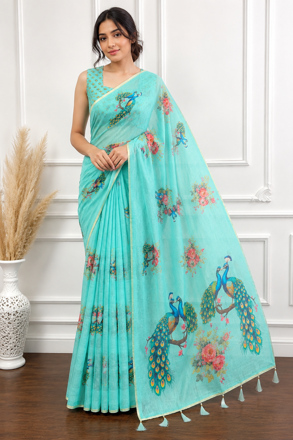 Green Floral Printed Linen Saree for Women | Lightweight Casual & Party Wear Saree