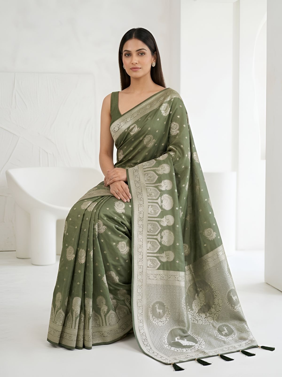 Olive Green Silver Zari Woven Traditional Saree with Designer Heritage Pallu