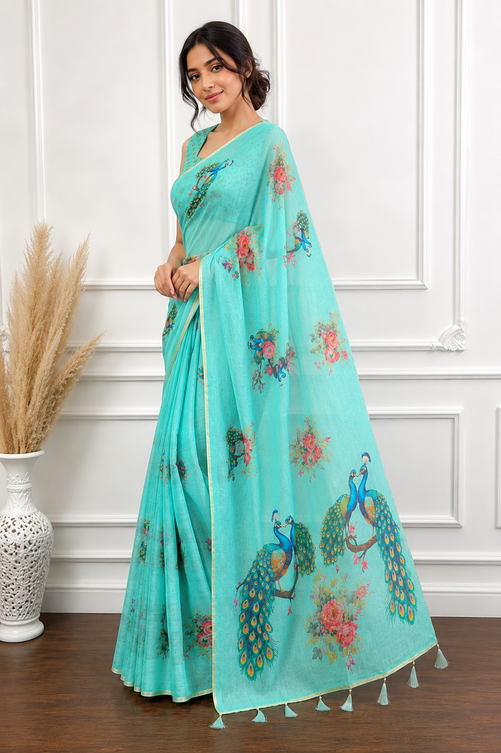 Green Floral Printed Linen Saree for Women | Lightweight Casual & Party Wear Saree