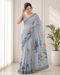 Grey Linen Printed Saree with Floral Design | Lightweight Casual & Party Wear Saree