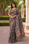 Grey Linen Printed Saree with Floral Design | Lightweight Casual & Party Wear Saree