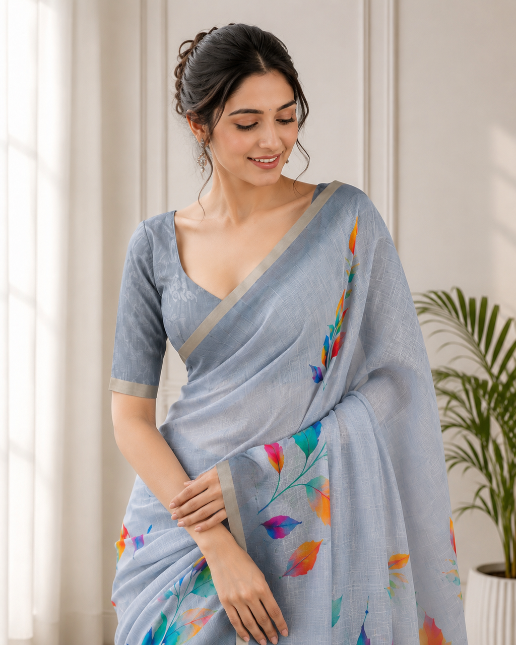 Grey Linen Printed Saree with Floral Design | Lightweight Casual & Party Wear Saree