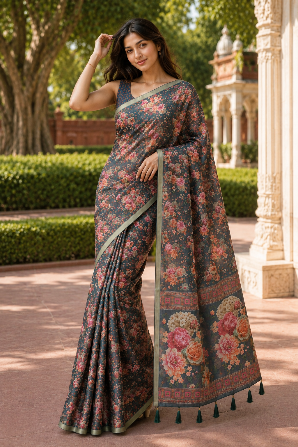Grey Linen Printed Saree with Floral Design | Lightweight Casual & Party Wear Saree
