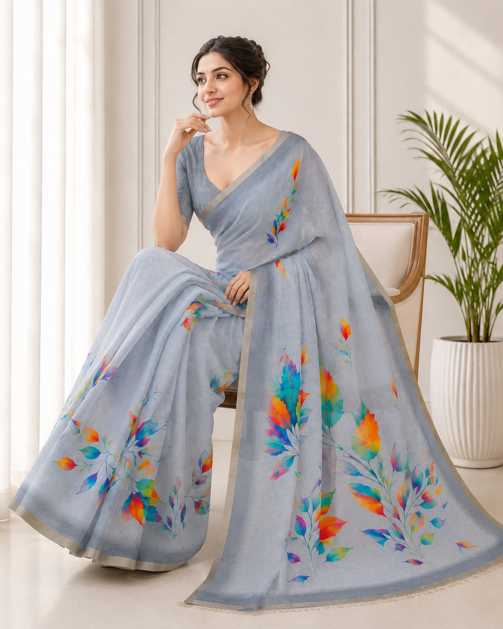 Grey Linen Printed Saree with Floral Design | Lightweight Casual & Party Wear Saree