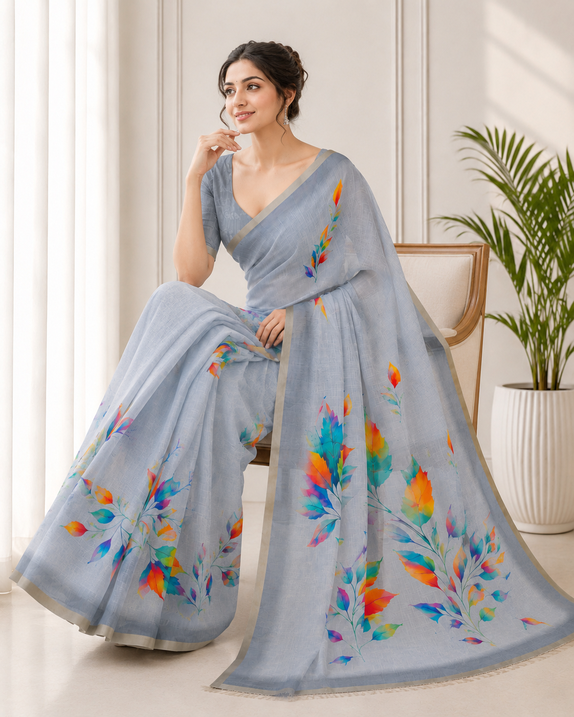 Grey Linen Printed Saree with Floral Design | Lightweight Casual & Party Wear Saree