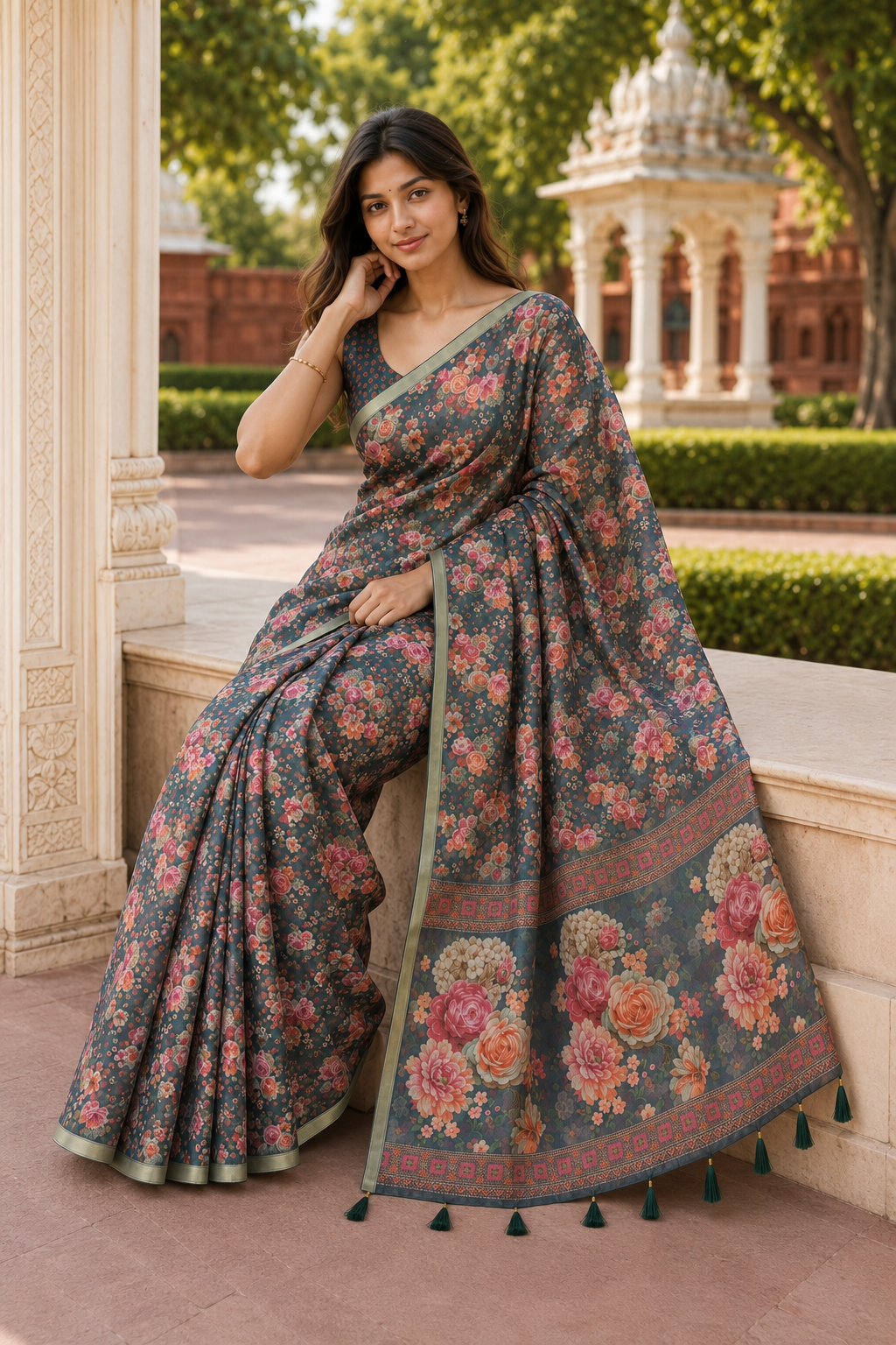 Grey Linen Printed Saree with Floral Design | Lightweight Casual & Party Wear Saree