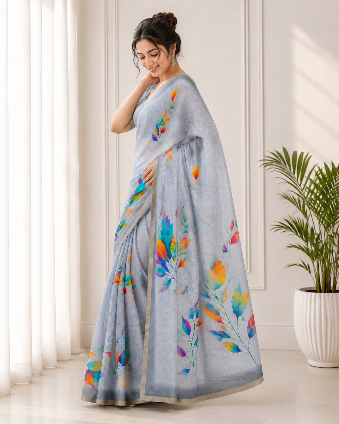 Grey Linen Printed Saree with Floral Design | Lightweight Casual & Party Wear Saree